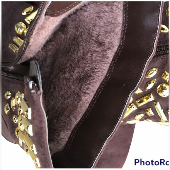 Joan Boyce Women’s Ankle Brown Gold Bedazzled Boots Size 7 Cognac Suede - Picture 12 of 13